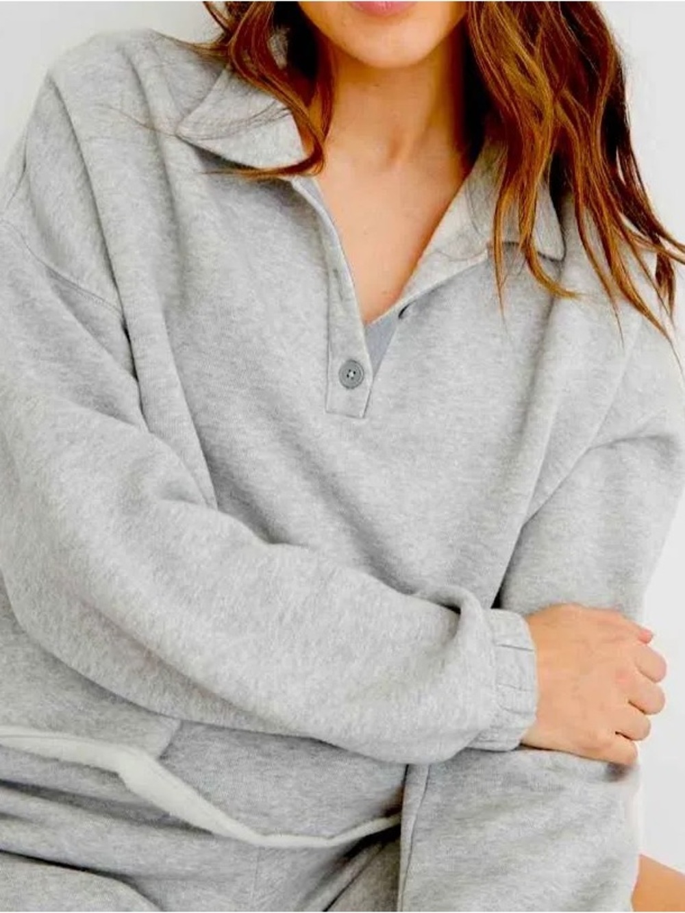 Aerie Fleece of Mind Cropped Polo Henley Collared Fleece Sweatshirt Grey Size M - Picture 3 of 14